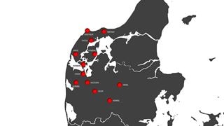 Kort over Sparekassen Thys afdelinger i Midt og Vestjylland.